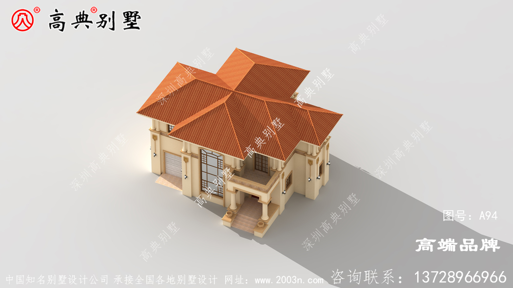 屋顶为橘色的坡屋顶，层次分明质感强